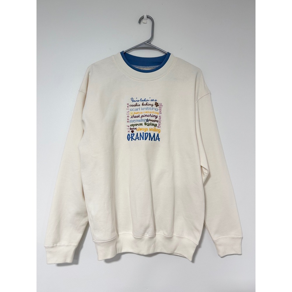 90S Y2K M&C Sportswear Grandma Embroidered Sweatshirt Cream Blue Double Neck M